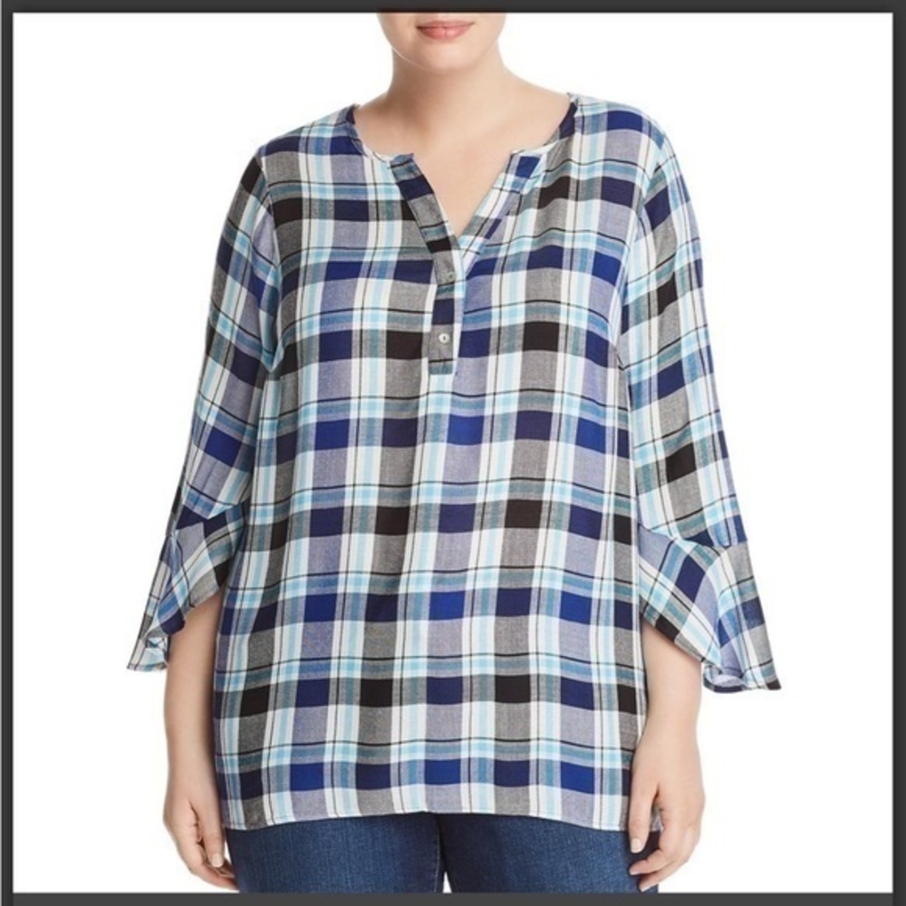 STATUS BY CHENAULT 2X Blue Plaid Henley Top Ruffle Sleeve